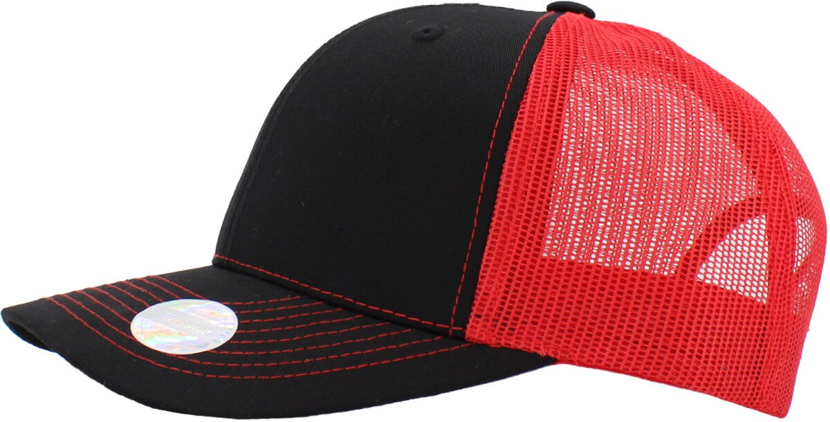 Black Red Two Tone Classic 6 Panel Trucker Mesh Snapback Side View